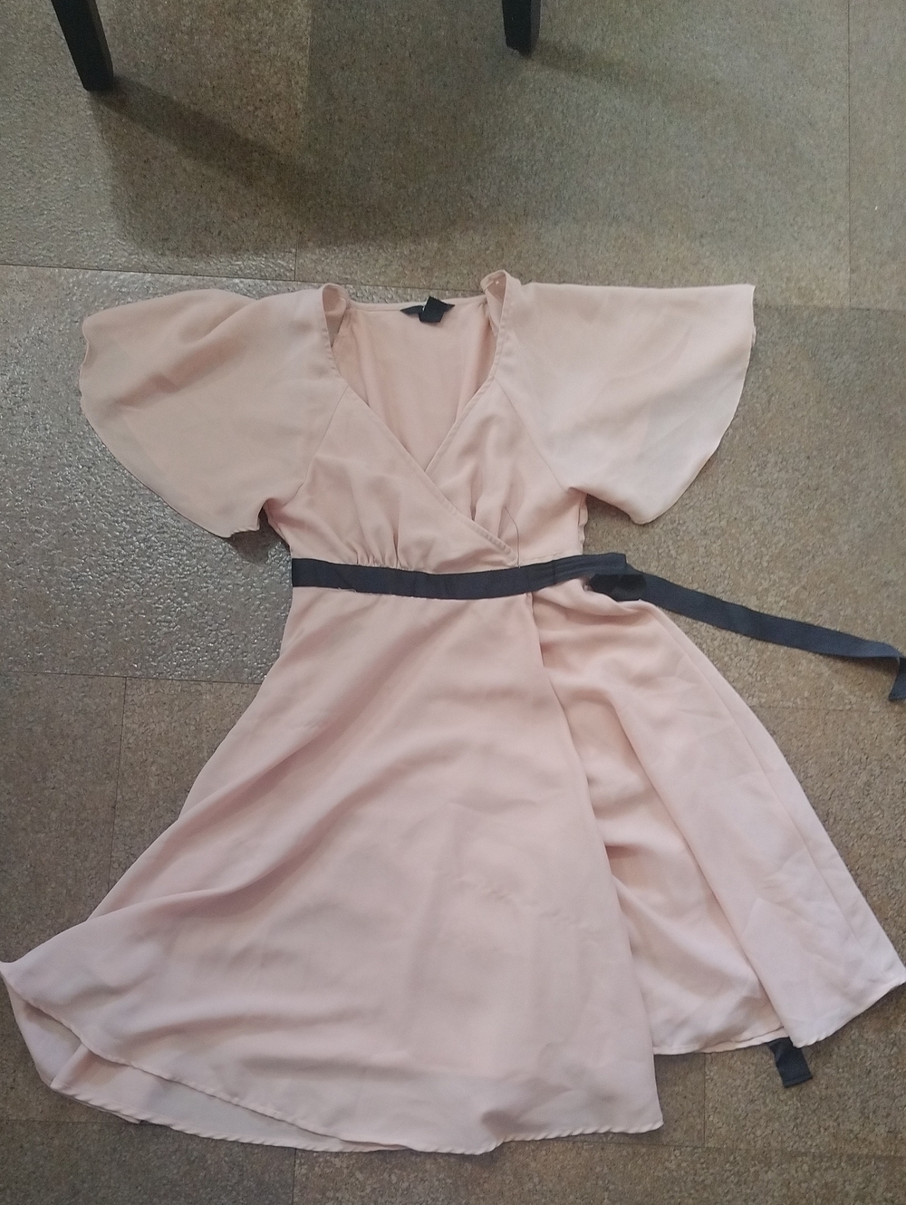 H&M Pale Blush Wrap Midi Dress with Black Waist Tie
